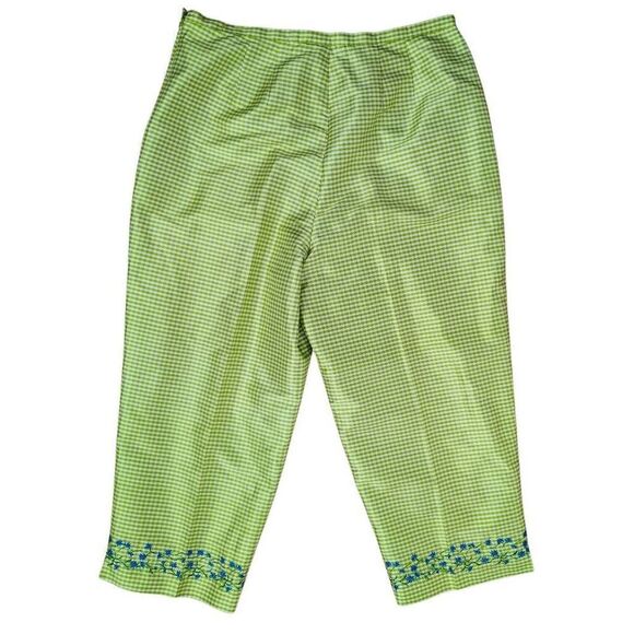 Robbie Bee 14 Green Gingham Silk Capri Pants Retro 50s 60s Cottagecore Floral - Picture 1 of 9